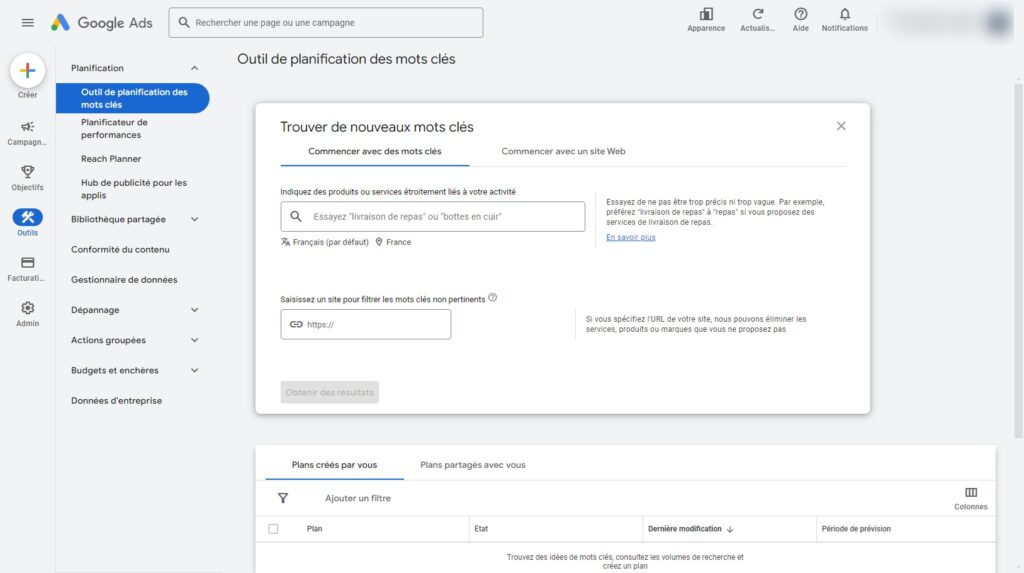 planificateur mots-clés google ads