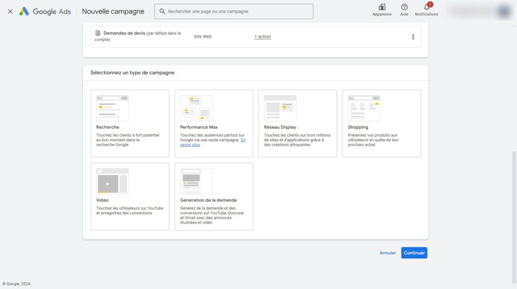 type de campagne google ads
